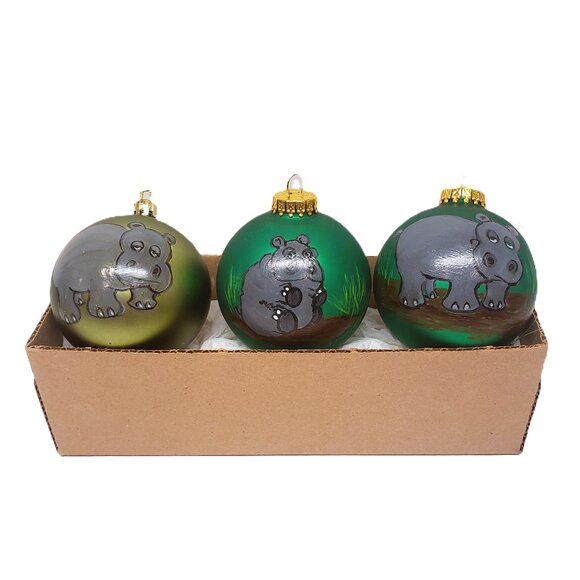 Green Glass Hand Painted Hippo Christmas Ornament Ball Set Lot x3 L. Supko - Picture 1 of 8
